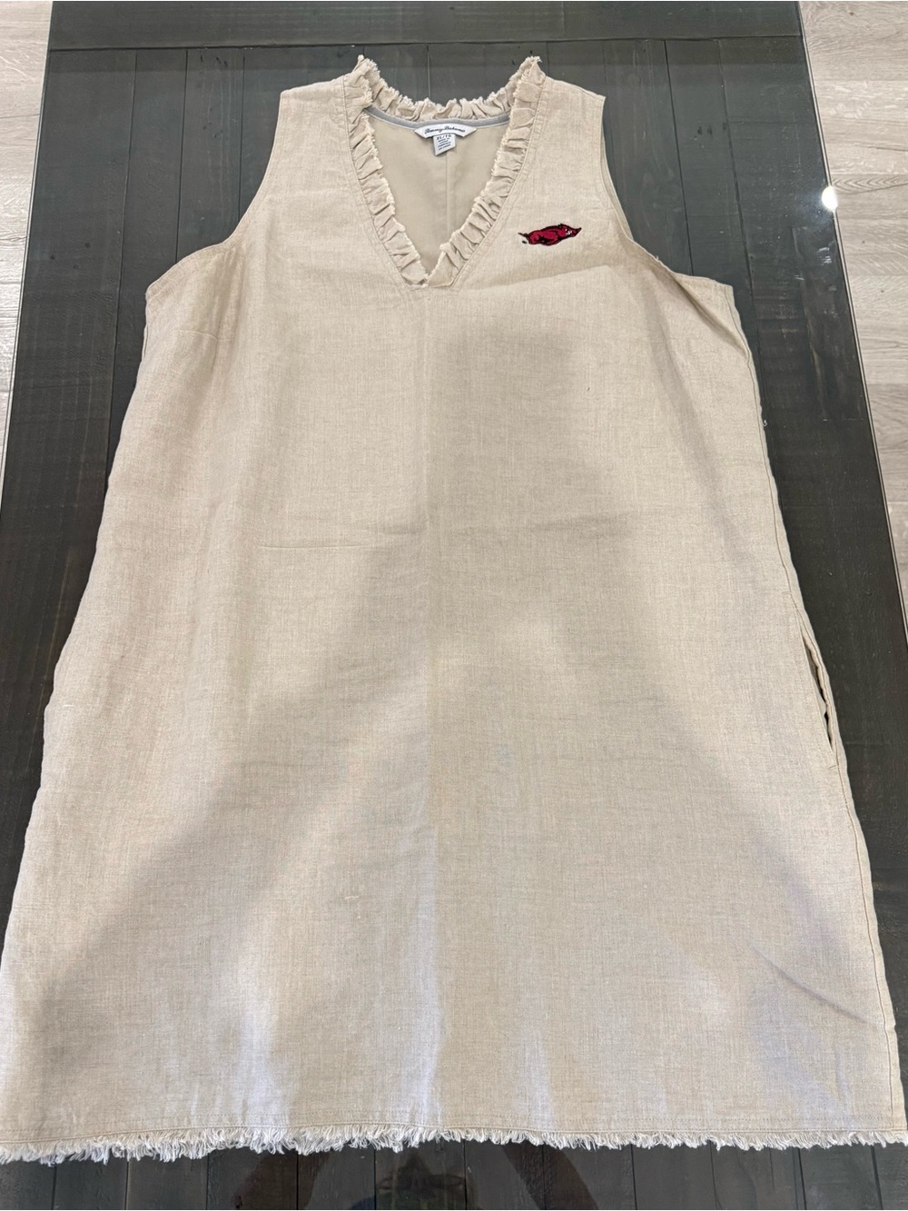Tommy Bahama Beige Linen V-Neck Dress with Red Embroidered Patch